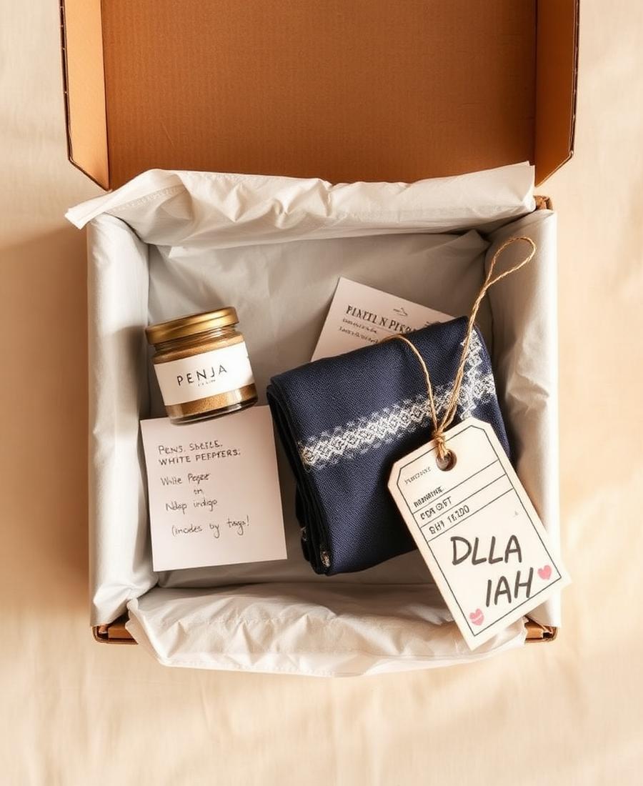 Overhead view of a packed shipping box with Cameroonian goods and a boarding-pass tag