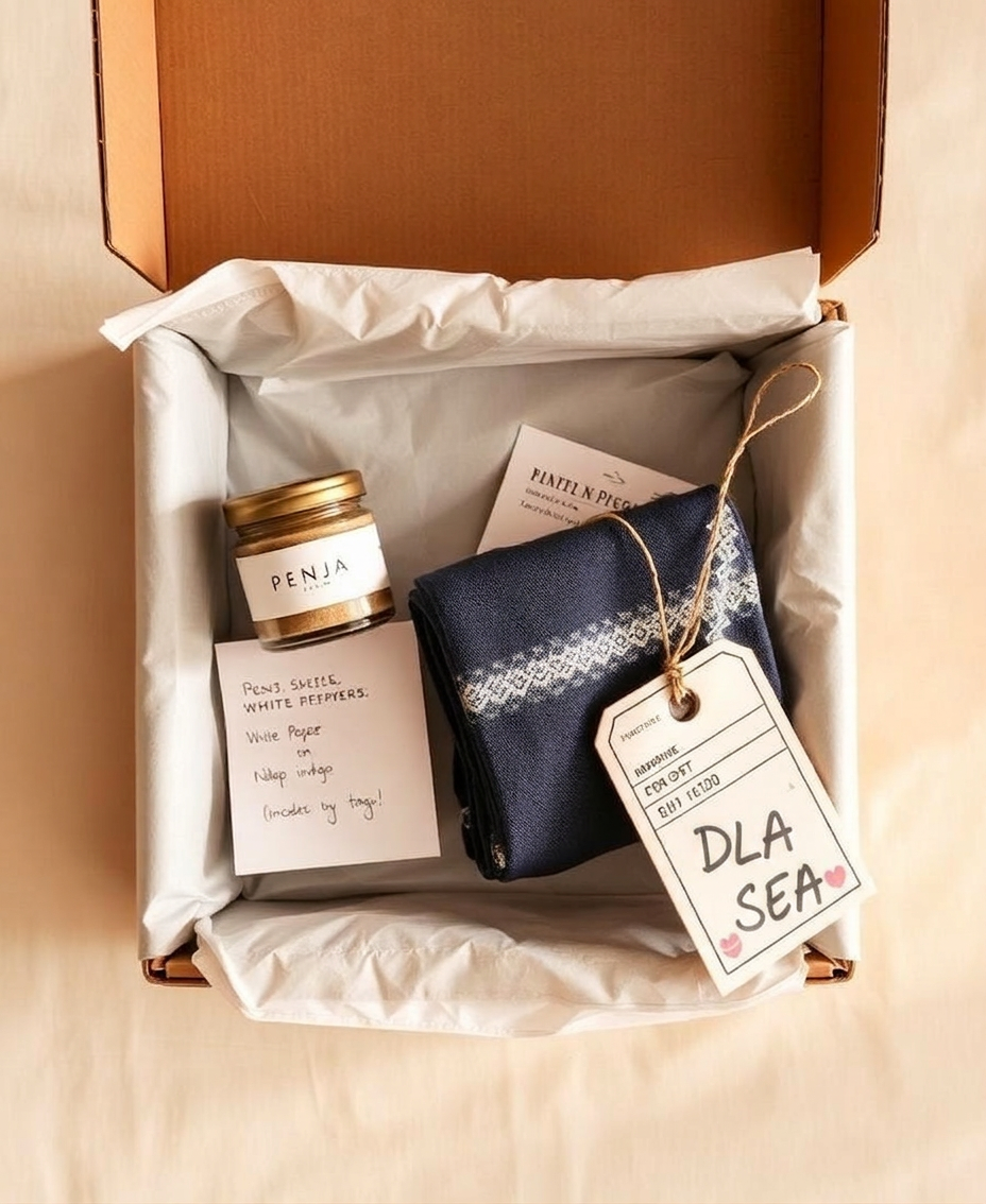 Overhead view of a packed shipping box with Cameroonian goods and a boarding-pass tag